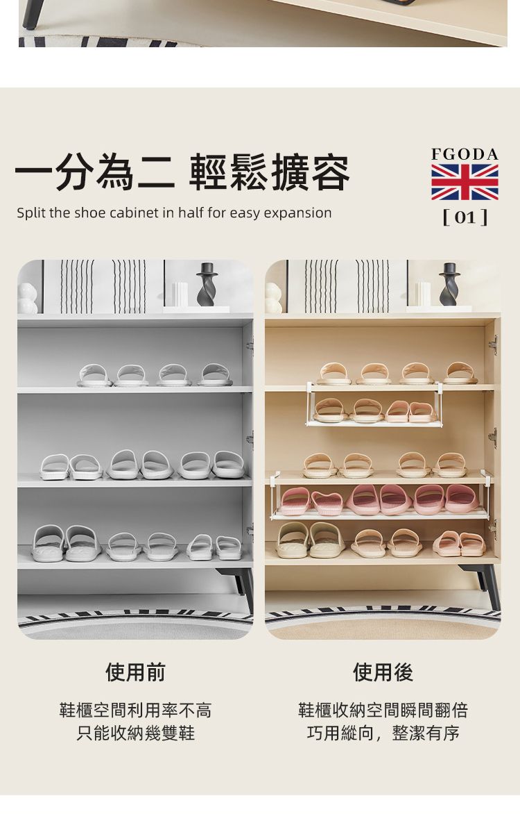 一分為二 輕鬆擴容Split th shoe cabinet in half for easy expansionFGODA01] e使用前鞋櫃空間利用率不高只能收納幾雙鞋使用後鞋櫃收納空間瞬間翻倍巧用縱向,整潔有序