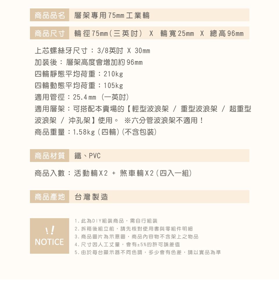商品品名 層架專用75mm 工業輪商品尺寸 輪徑75mm(三英吋) X 輪寬25mm X 總高96mm上芯螺絲牙尺寸:3/8英吋 X 30mm加裝後: 層架高度會增加約96mm四輪靜態平均荷重:210kg四輪動態平均荷重:105kg適用管徑:25.4mm (一英吋)適用層架:可搭配本賣場的【輕型波浪架/重型波浪架/超重型波浪架 / 沖孔架】使用。 六分管波浪架不適用!商品重量:1.58kg (四輪)(不含包裝)商品材質 鐵、PVC商品入數:活動輪X2+煞車輪X2(四入一組)商品產地 台灣製造1.此為DIY組裝商品,需自行組裝2. 拆箱後組立前,請先核對使用書與零組件明細3. 商品圖片為示意圖,商品內容物不含架上之物品NOTICE4. 尺寸因人工丈量,會有±5%的許可誤差值5. 由於每台顯示器不同色調,多少會有色差,請以實品為準