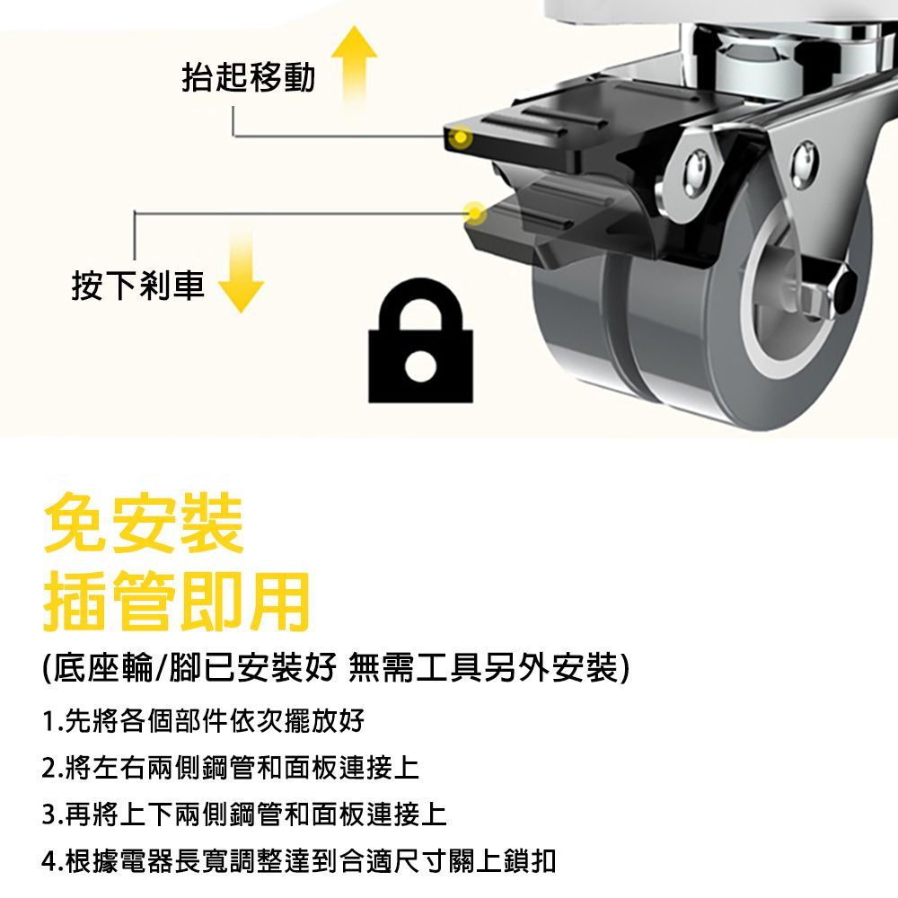 抬起移動按下剎車免安裝插管即用(底座輪/腳已安裝好 無需工具另外安裝)1.先將各個部件依次擺放好2.將左右兩側鋼管和面板連接上3.再將上下兩側鋼管和面板連接上4.根據電器長寬調整達到合適尺寸關上鎖扣