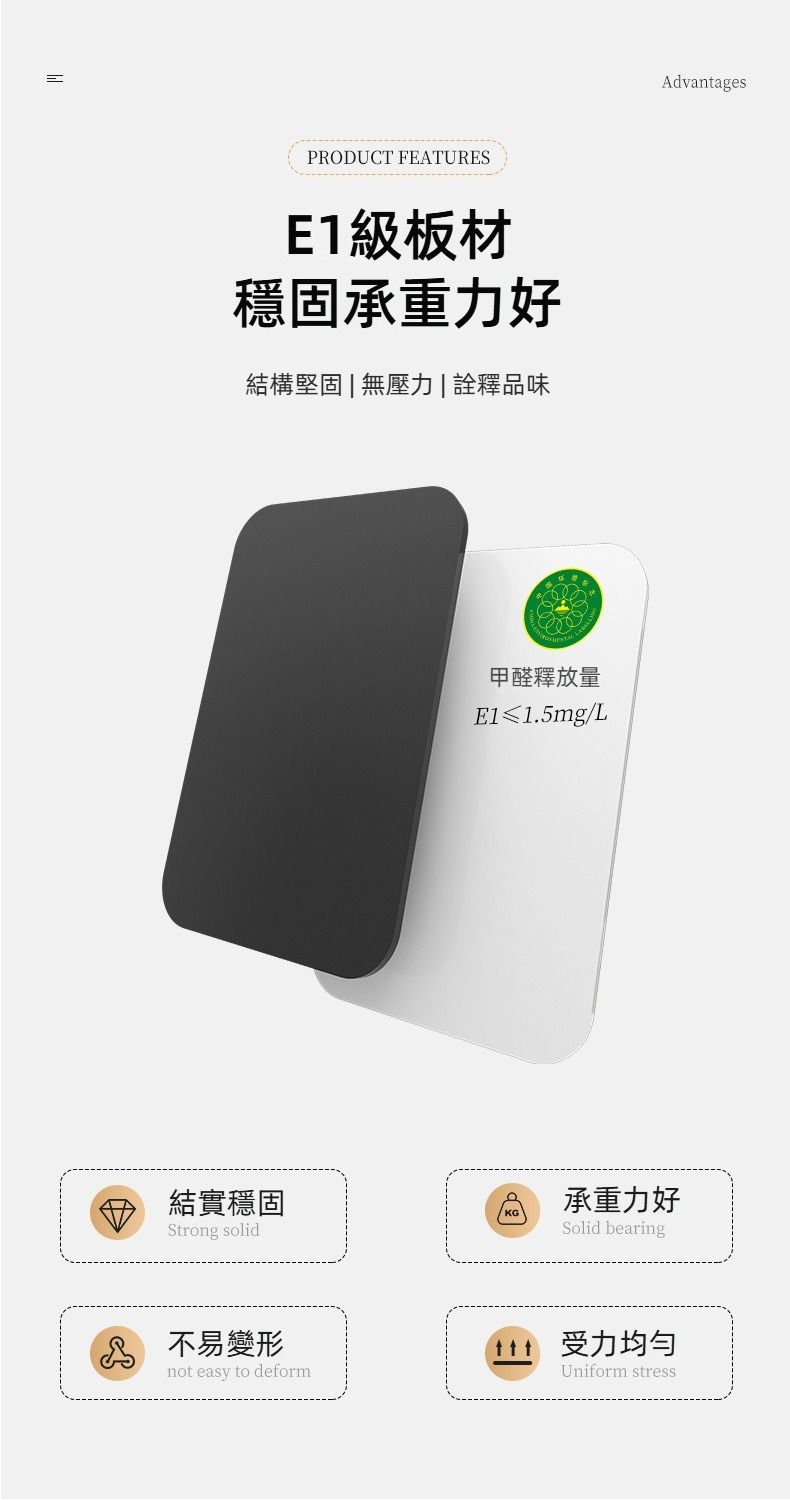 PRODUCT FEATURESE1級板材穩固承重力好結構堅固|無壓力 |詮釋品味甲醛釋放量E1≤1.5mg/LAdvantages結實穩固Strong solid承重力好Solid bearing不易變形not easy to deform受力均匀Uniform stress