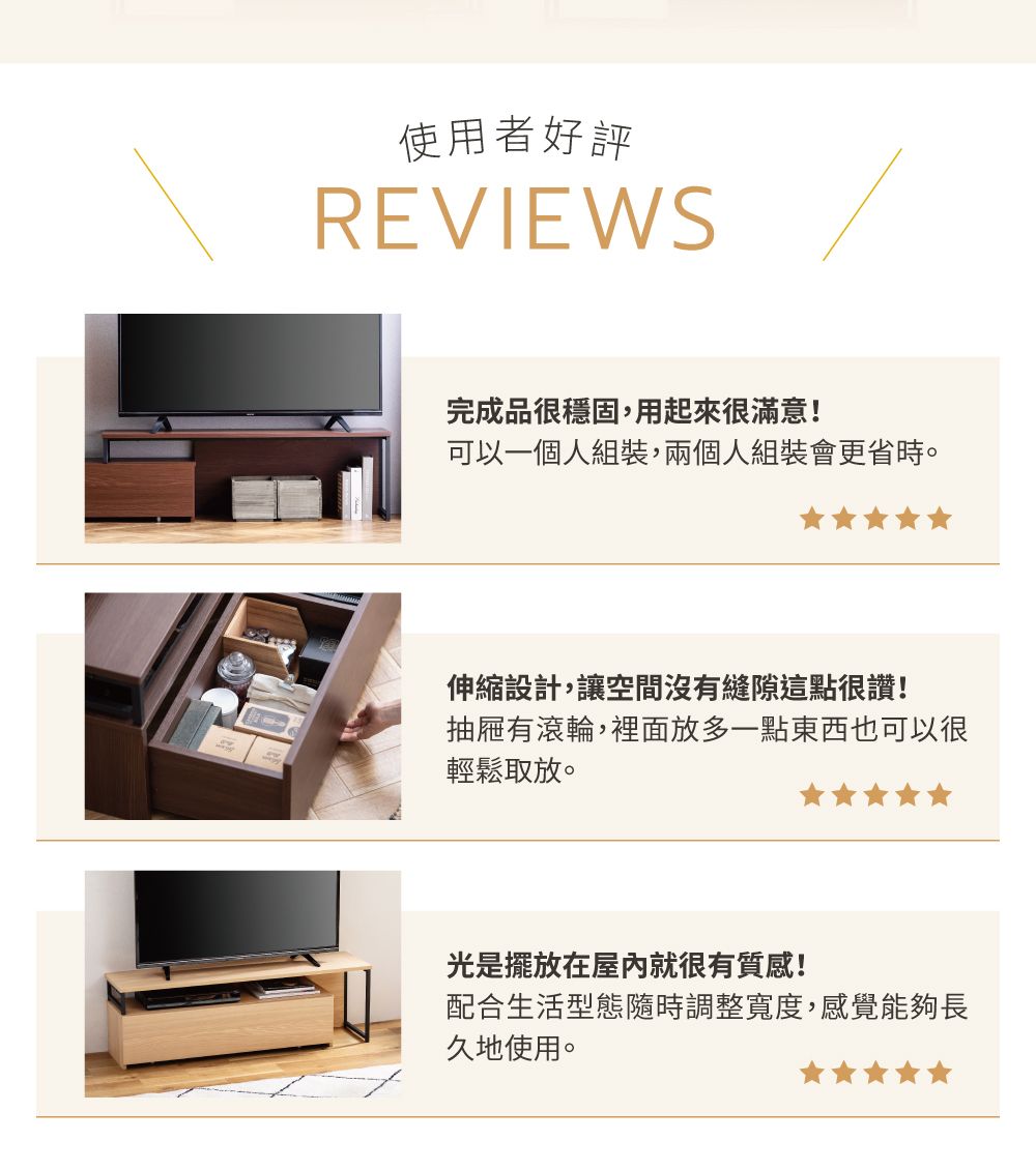 使用者好評REVIEWS完成品很穩固,用起來很滿意!可以一個人組裝,兩個人組裝會更省時。伸縮設計,讓空間沒有縫隙這點很讚!抽屜有滾輪,裡面放多一點東西也可以很輕鬆取放。光是擺放在屋內就很有質感!配合生活型態隨時調整寬度,感覺能夠長久地使用。
