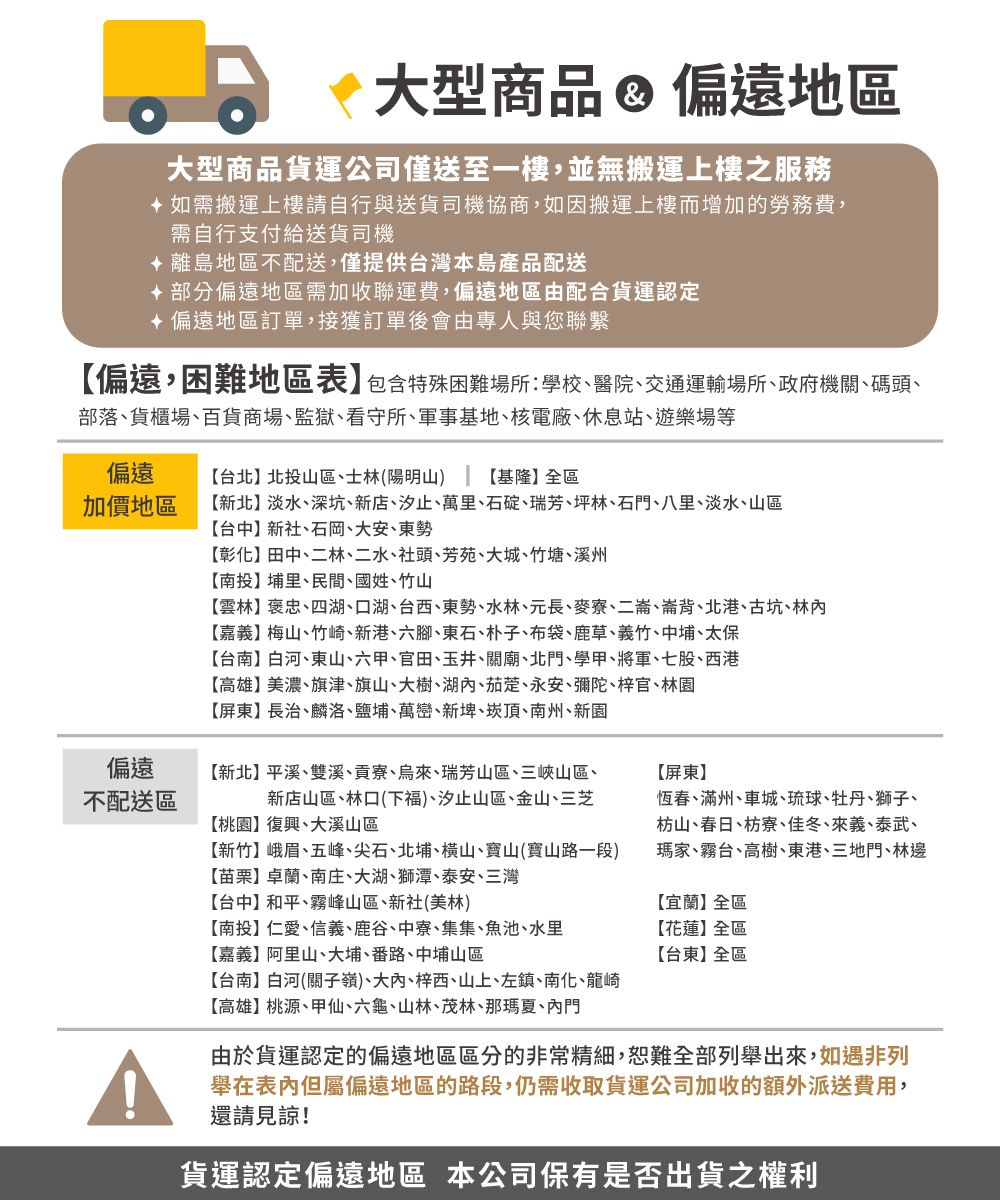 大型商品 偏遠地區大型商品貨運公司僅送至一樓,並無搬運上樓服務如需搬運上樓請自行與送貨司機協商,如因搬運上樓而增加的勞務費,需自行支付給送貨司機離島地區不配送,僅提供台灣本島產品配送 部分偏遠地區需加收聯運費,偏遠地區由配合貨運認定 偏遠地區訂單,接獲訂單後會由專人與您聯繫偏遠,困難地區表包含特殊困難場所學校、醫院、交通運輸場所、政府機關、碼頭、部落、貨櫃場、百貨商場、監獄、看守所、軍事基地、核電廠、休息站、遊樂場等偏遠加價地區台北】北投山區、士林(陽明山) 【基隆】全區【新北】淡水、深坑、新店、汐止、萬里、石碇、瑞芳、坪林、石門、八里、淡水、山區【台中】新社、石岡、大安、東勢【彰化】田中、二林、二水、社頭、芳苑、大城、竹塘、溪州【南投】埔里、民間、國姓、竹山【雲林】褒忠、四湖、口湖、台西、東勢、水林、元長、麥寮、二崙、崙背、北港、古坑、林【嘉義】梅山、竹崎、新港、六腳、東石、朴子、布袋、鹿草、義竹、中埔、太保偏遠不配送區【台南】白河、東山、六甲、官田、玉井、關廟、北門、學甲、將軍、七股、西港【高雄】美濃、旗津、旗山、大樹、湖内、茄萣、永安、彌陀、梓官、林園【屏東】長治、麟洛、鹽埔、萬巒、新埤、崁頂、南州、新園【新北】平溪、雙溪、貢寮、烏來、瑞芳山區、三峽山區、新店山區、林口(下福)、汐止山區、金山、三芝【桃園】復興、大溪山區【新竹】峨眉、五峰、尖石、北埔、橫山、寶山(寶山路一段)【屏東】恆春、滿州、車城、琉球、牡丹、獅子、枋山、春日、枋寮、佳冬、來義、泰武、瑪家、霧台、高樹、東港、三地門、林邊【苗栗】卓蘭、南庄、大湖、獅潭、泰安、三灣【台中】和平、霧峰山區、新社(美林)【南投】仁愛、信義、鹿谷、中寮、集集、魚池、水里【嘉義】阿里山、大埔、番路、中埔山區【宜蘭】全區【花蓮】全區【台東】全區【台南】白河(關子嶺)、大、梓西、山上、左鎮、南化、龍崎【高雄】桃源、甲仙、六龜、山林、茂林、那瑪夏、門由於貨運認定的偏遠地區區分的非常精細,恕難全部列舉出來,如遇非列舉在表內但屬偏遠地區的路段,仍需收取貨運公司加收的額外派送費用,還請見諒!貨運認定偏遠地區 本公司保有是否出貨之權利