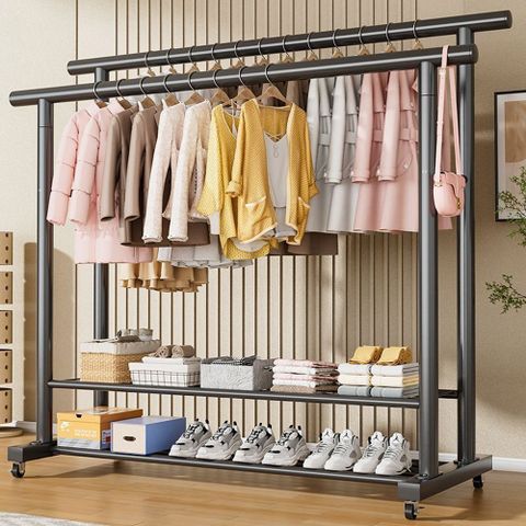 【居家家】家用可移動加厚碳鋼150CM雙桿雙層置物衣帽架（掛衣架/曬衣架/晾曬桿/晾衣架）