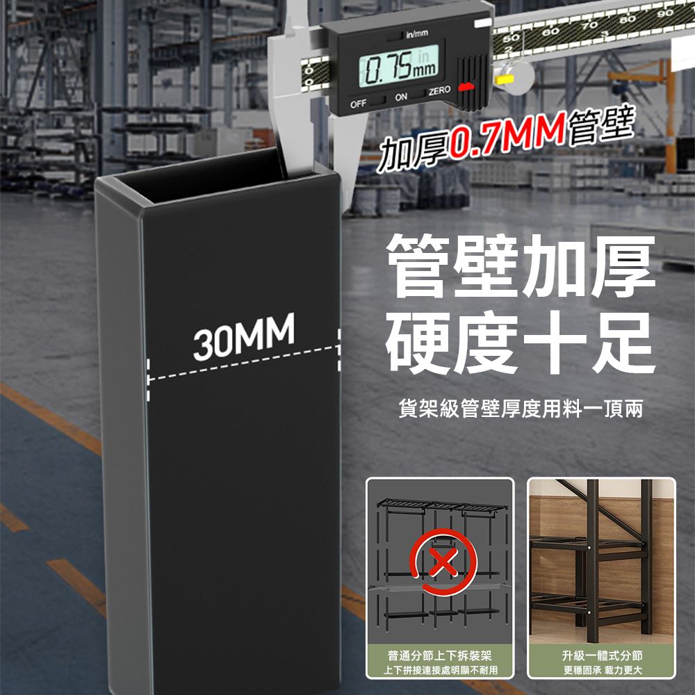 inmmOFF ONZERO7030MM加厚管壁管壁加厚硬度十足貨架級管壁厚度用料一頂兩普通分節上下拆裝架上下拼接連接處明顯不耐用升級一體式分節更穩固承載力更大