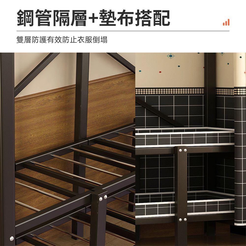 鋼管隔層+墊布搭配雙層防護有效防止衣服倒塌