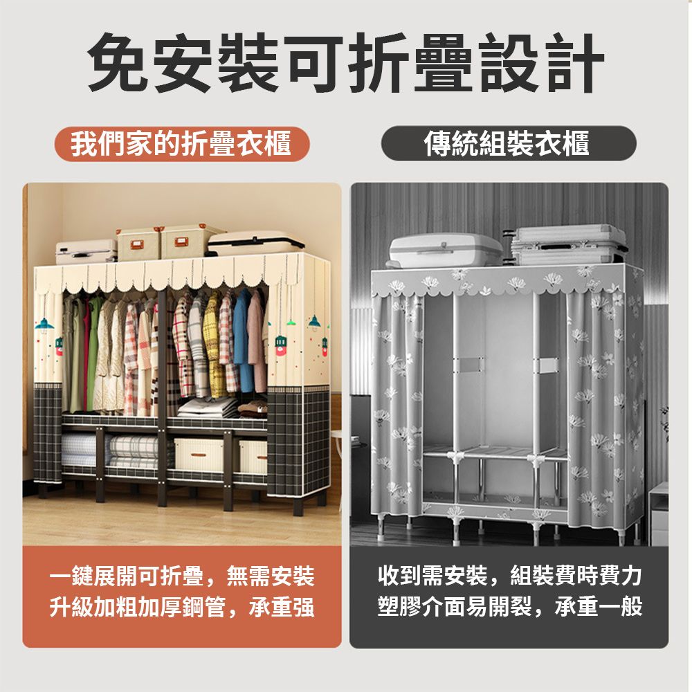 Tounichi 東日 簡易衣櫃 免安裝 可摺疊衣櫃 家用臥室堅固耐用布衣櫃 出租房現代簡約衣櫥可移動衣櫃