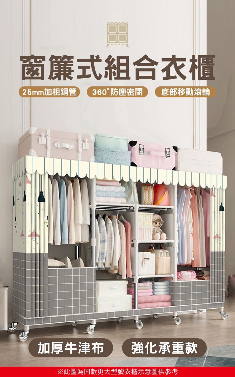 □□窗簾式組合衣櫃25mm加粗鋼管360°防塵密閉 底部移動滾輪加厚牛津布強化承重款※此圖為同款更大型號衣櫃示意圖供參考
