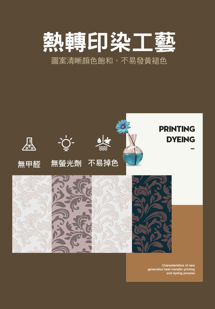 熱轉印染工藝圖案清晰顏色飽和,不易發黃褪色無甲醛 無螢光劑 不易掉色PRINTINGDYEINGCharacteristics of newgeneration heat transfer printingand dyeing process