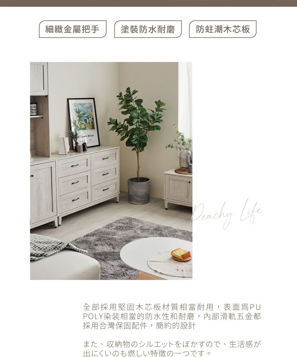 細緻金屬把手塗裝防水耐磨防蛀潮木芯板 Hesse Life全部採用堅固木芯板材質相當耐用,表面PUPOLY染装相當的防水性和耐磨,內部滑軌五金都採用合灣保固配件,簡約的設計また収納物のシルエットをぼかすので、生活感が出にくいのも燃しい特徴の一つです。