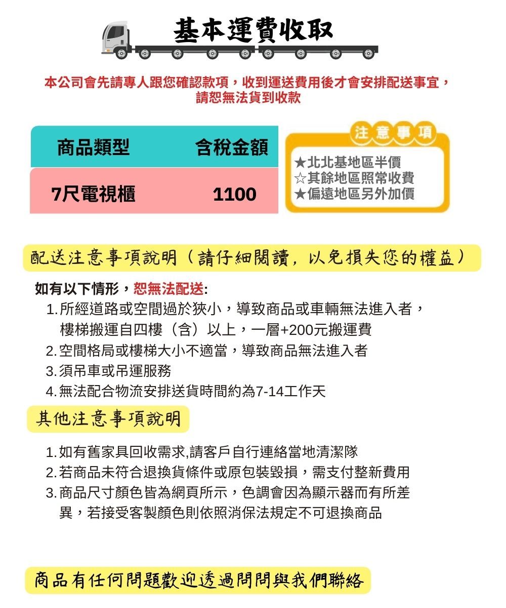 基本運費收取本公司會先請專人跟您確認款項收到運送費用後才會安排配送事宜,請恕無法貨到收款注意事項商品類型含稅金額★北北基地區半價☆其餘地區照常收費7尺電視櫃1100★偏遠地區另外加價配送注意事項說明(請仔細閱讀,以免損失您的權益)如有以下情形,恕無法配送1.所經道路或空間過於狹小,導致商品或車輛無法進入者,樓梯搬運自四樓(含)以上,一層+200元搬運費2. 空間格局或樓梯大小不適當,導致商品無法進入者3.須吊車或吊運服務4. 無法配合物流安排送貨時間約為7-14工作天其他注意事項說明1. 如有舊家具回收需求,請客戶自行連絡當地清潔隊2.若商品未符合退換貨條件或原包裝毀損,需支付整新費用3. 商品尺寸顏色皆為網頁所示,色調會因為顯示器而有所差異,若接受客製顏色則依照消保法規定不可退換商品商品有任何問題歡迎透過問問與我們聯絡