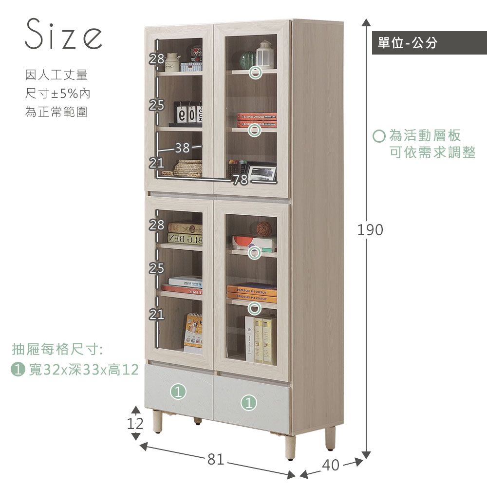 Size28因人工丈量尺寸±5%內25為正常範圍抽屜每格尺寸:① 寬32x深33x高121221782825 218140單位-公分為活動層板可依需求調整190