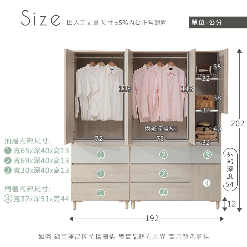 Size因人工丈量 尺寸±5%內為正常範圍單位-公分35321181183832202內部5240抽屜內部尺寸:寬65x深40x高13寬69x深40x高13寬30x深40x高131深度 門櫃內部尺寸:④寬37x深51x高4412-192-如圖 網頁產品因拍攝關係 與實品略有差異實品顏色更佳