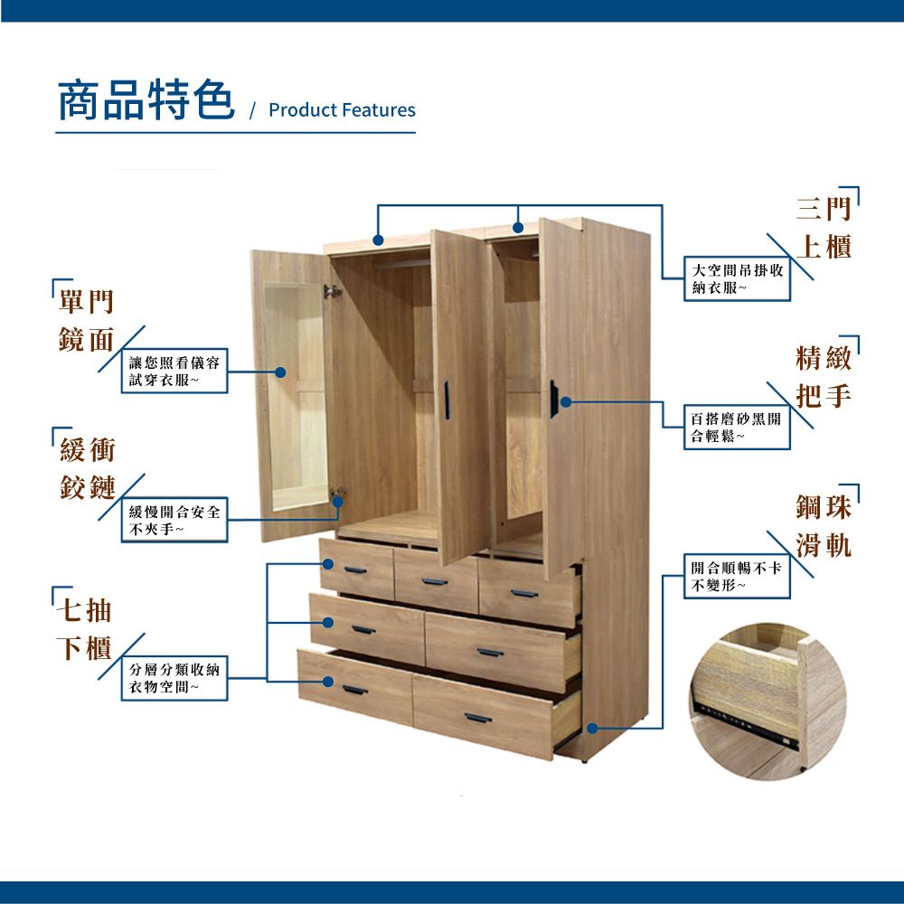 A FACTORY 傢俱工場 久美 雙吊4尺七抽衣櫃/大容量衣櫃/吊掛衣櫃/MIT木心板/免組裝衣櫃