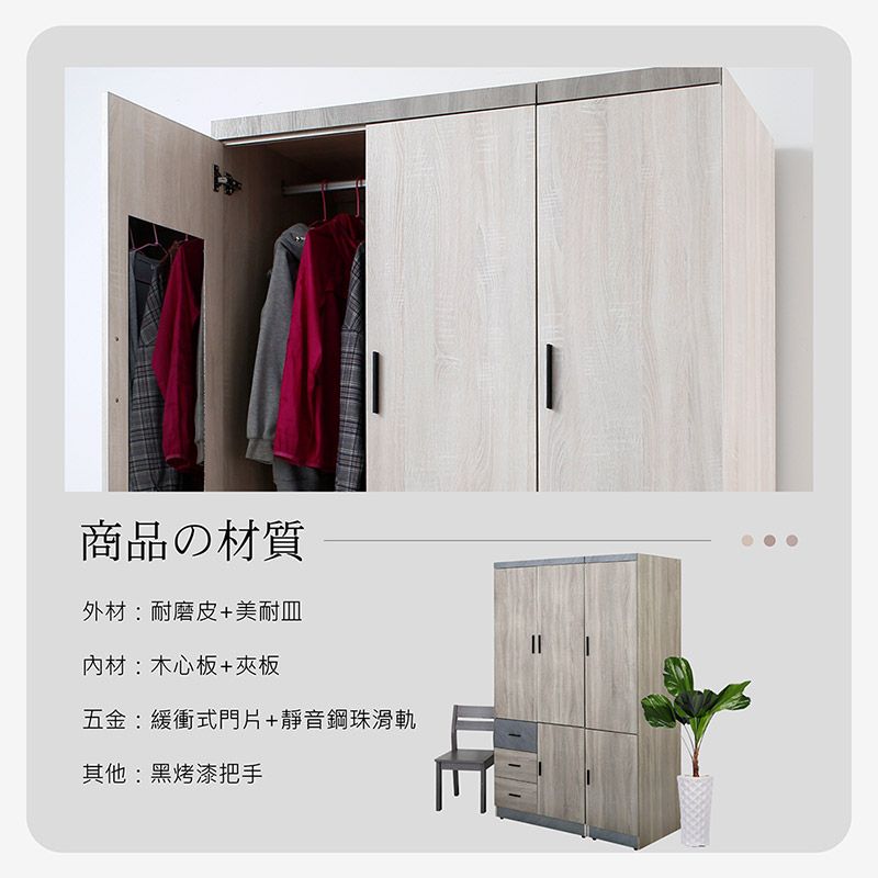 商品の材質外材:耐磨皮+美耐皿材:木心板+夾板五金:緩衝式門片+靜音鋼珠滑軌其他:黑烤漆把手