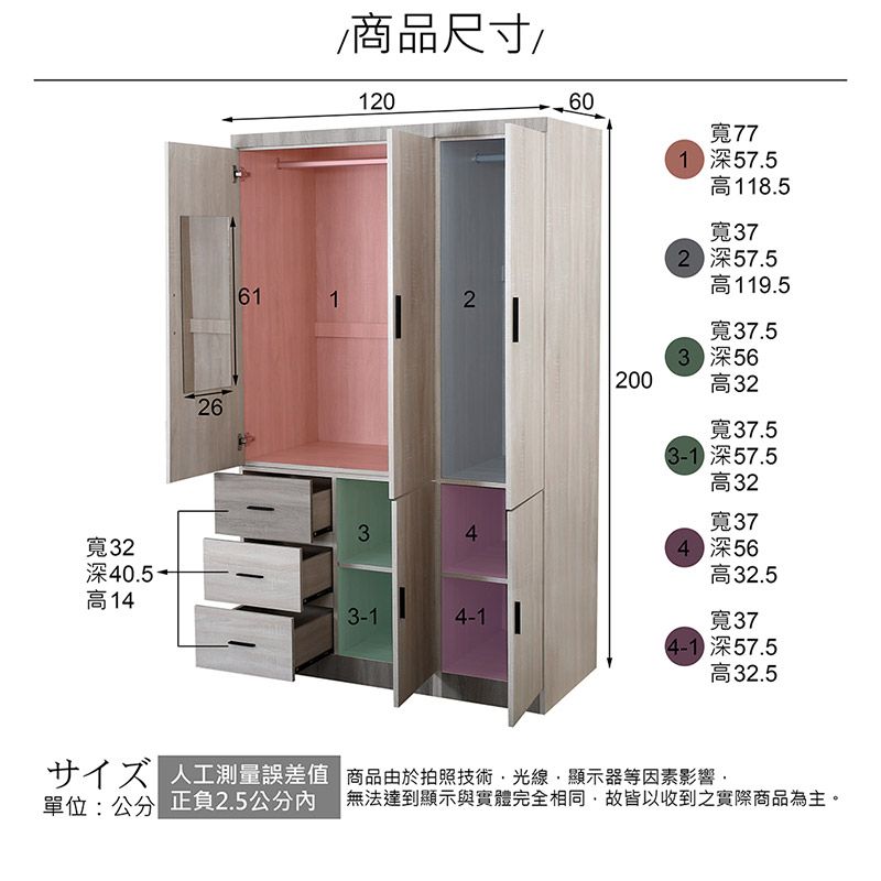 26商品尺寸/12060寬771 深57.5高118.5寬372 深57.5高119.5611234寬32深高143-14-1寬37.52003 深 56高32寬37.53-1 深57.5高32寬374 深56高32.5寬374-1 深57.5高32.5人工測量誤差值商品由於拍照技術光線顯示器等因素影響單位:公分 正負2.5公分內 無法達到顯示與實體完全相同,故皆以收到之實際商品為主。