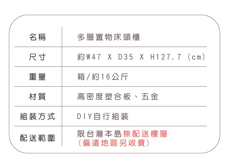 名稱多層置物床頭櫃尺寸約W47  D35 X H127.7 (cm)重量箱/約16公斤材質高密度塑合板、五金組裝方式DIY自行組裝限台灣本島無配送樓層配送範圍(偏遠地區另收費)