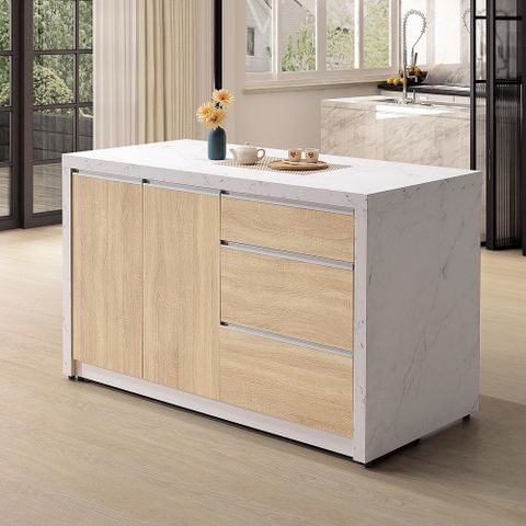 Bernice-薩姆森5.1尺中島型吧台桌+餐櫃/多功能收納餐桌櫃-白色仿石面+梧桐木紋