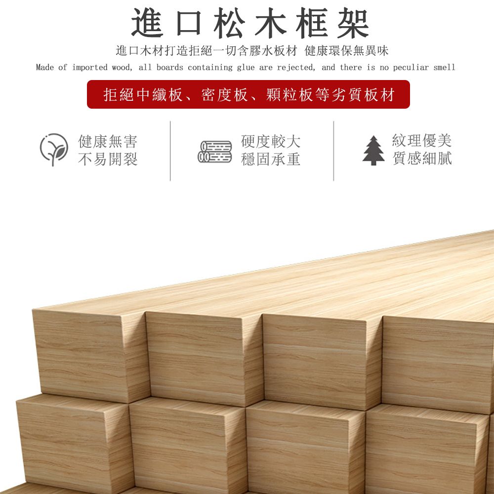 進口松木框架進口木材打造拒絕一切含膠水板材 健康環保無異味Made of imported wood, all boards containing glue are rejected, and there is no peculiar smell拒絕中纖板、密度板、顆粒板等劣質板材健康無害硬度較大紋理優美不易開裂 穩固承重質感細膩