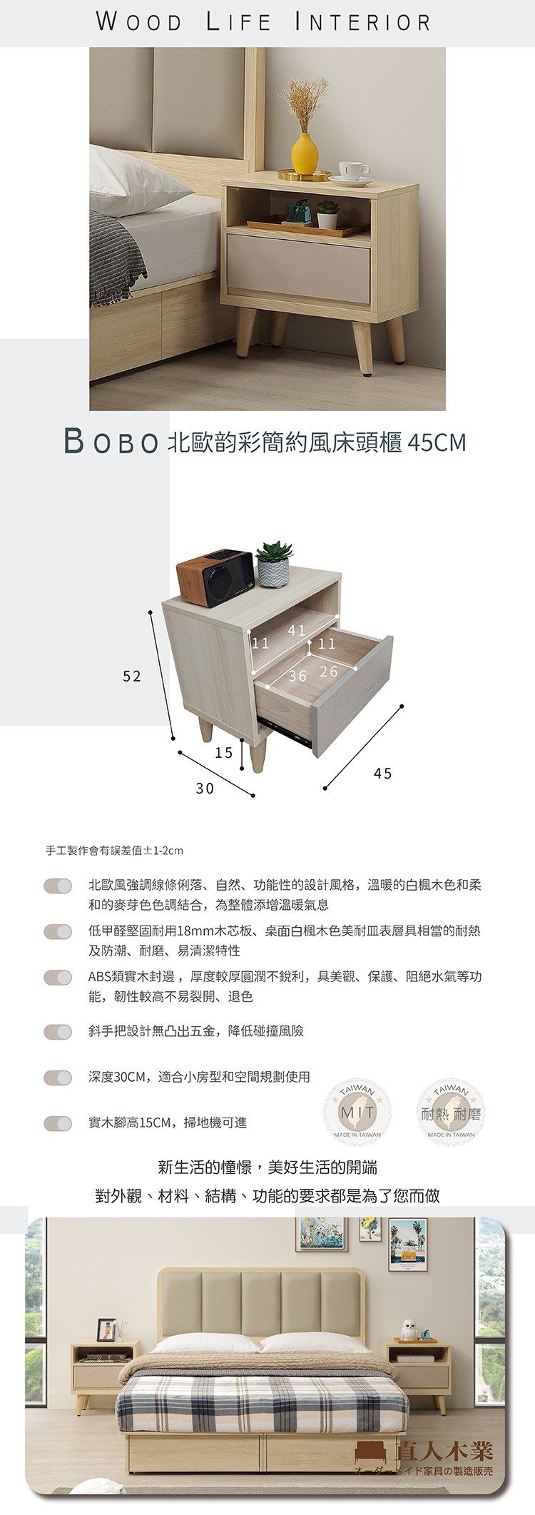 WOOD LIFE INTERIORBOBO 北歐韵彩簡約風床頭櫃 45CM5211411136 26301545手工製作會有誤差值±1-2cm北歐風強調線條俐落、自然、功能性的設計風格,溫暖的白楓木色和柔和的麥芽色色調結合,為整體添增溫暖氣息低甲醛堅固耐用18mm木芯板、桌面白楓木色美耐表層具相當的耐熱及防潮、耐磨、易清潔特性ABS類實木封邊,厚度較厚圓潤不銳利,具美觀、保護、阻絕水氣等功能,韌性較高不易裂開、退色斜手把設計無凸出五金,降低碰撞風險深度30CM,適合小房型和空間規劃使用實木高15CM,掃地機可進TAIWANMITTAIWANMADE IN TAIWAN耐熱 耐磨MADE IN TAIWAN新生活的憧憬,美好生活的開端對外觀、材料、結構、功能的要求都是為了您而做 人木業家具の製造販売