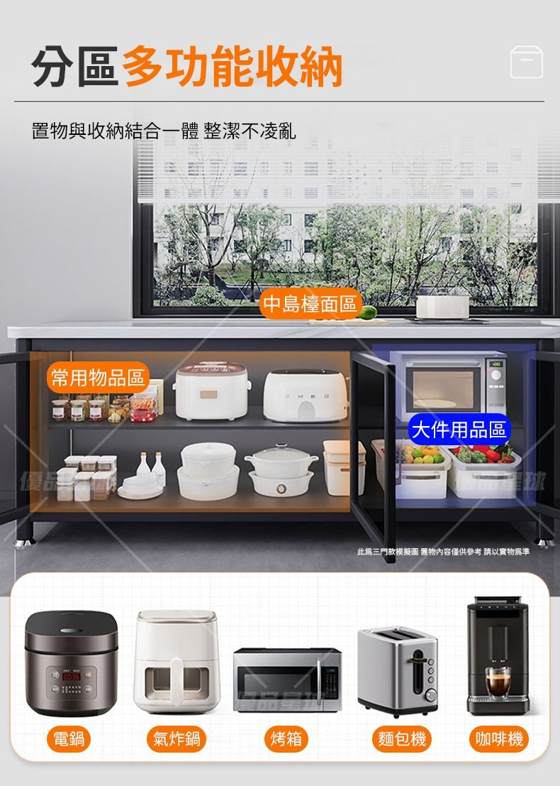 分區多功能收納置物與收納結合一體 整潔不凌亂(常用物品區中島檯面區大件用品區三門款模擬 置物內容僅供參考 請以實物爲準電鍋氣炸鍋烤箱麵包機【咖啡機