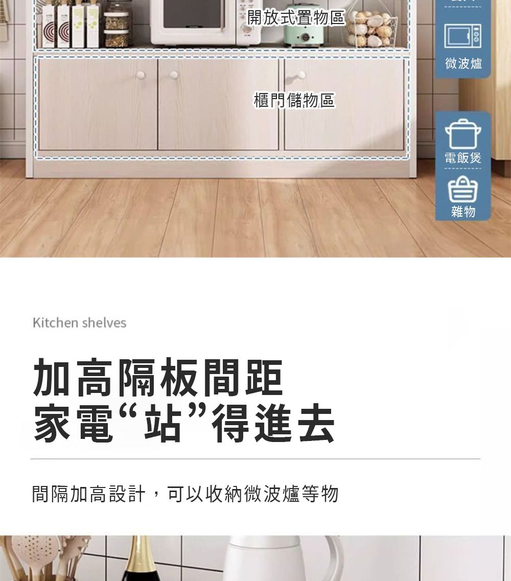 開放式置物區櫃門儲物區微波爐Kitchen shelves加高隔板間距家電“站”得進去間隔加高設計,可以收納微波爐等物電飯煲雜物