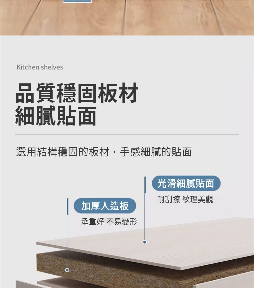 Kitchen shelves品質穩固板材細膩貼面選用結構穩固的板材,手感細膩的貼面光滑細膩貼面耐刮擦 紋理美觀加厚人造板承重好 不易變形