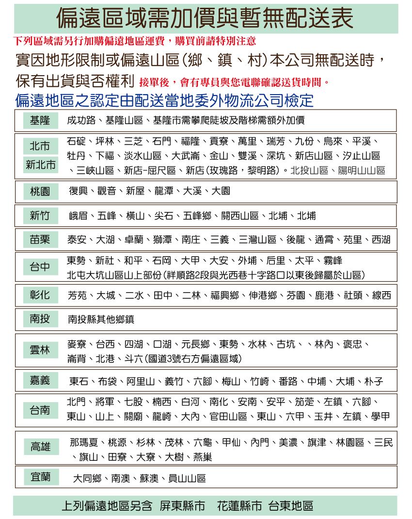 偏遠區域需加價與暫無配送表下列區域需另行加購偏遠地區運費,購買前請特別注意實因地形限制或偏遠山區(鄉鎮、村)本公司無配送時,保有出貨與否權利 接單後,會有專員與您電聯確認送貨時間。偏遠地區之認定由配送當地委外物流公司檢定基隆 成功路、基隆山區、基隆市需攀爬陡坡及階梯需額外加價石碇、坪林、三芝、石門、福隆、貢寮、萬里、瑞芳、九份、烏來、平溪、北市牡丹、下福、淡水山區、大武崙、金山、雙溪、深坑、新店山區、汐止山區新北市、三峽山區、新店屈尺區、新店(玫瑰路,黎明路)。北投山區、陽明山山區桃園復興、觀音、新屋、龍潭、大溪、大園峨眉、五峰、橫山、尖石、五峰鄉、關西山區、北埔、北埔新竹苗栗台中彰化東勢、新社、和平、石岡、大甲、大安、外埔、后里、太平、霧峰北屯大坑山區山上部份(祥順路2段與光西巷十字路口以東後歸屬於山區)芳苑、大城、二水、田中、二林、福興鄉、伸港鄉、芬園、鹿港、社頭、線西泰安、大湖、卓蘭、獅潭、南庄、三義、三灣山區、後龍、通霄、苑里、西湖南投南投縣其他鄉鎮雲林麥寮、台西、四湖、口湖、元長鄉、東勢、水林、古坑、、林、褒忠、崙背、北港、斗六(國道3號右方偏遠區域)嘉義台南東石、布袋、阿里山、義竹、六腳、梅山、竹崎、番路、中埔、大埔、朴子北門、將軍、七股、楠西、白河、南化、安南、安平、茄萣、左鎮、六腳、東山、山上、關廟、龍崎、大內、官田山區、東山、六甲、玉井、左鎮、學甲那瑪夏、桃源、杉林、茂林、六龜、甲仙、內門、美濃、旗津、林園區、三民、旗山、田寮、大寮、大樹、燕巢高雄宜蘭大同鄉、南澳、蘇澳、員山山區上列偏遠地區另含 屏東縣市 花蓮縣市 台東地區