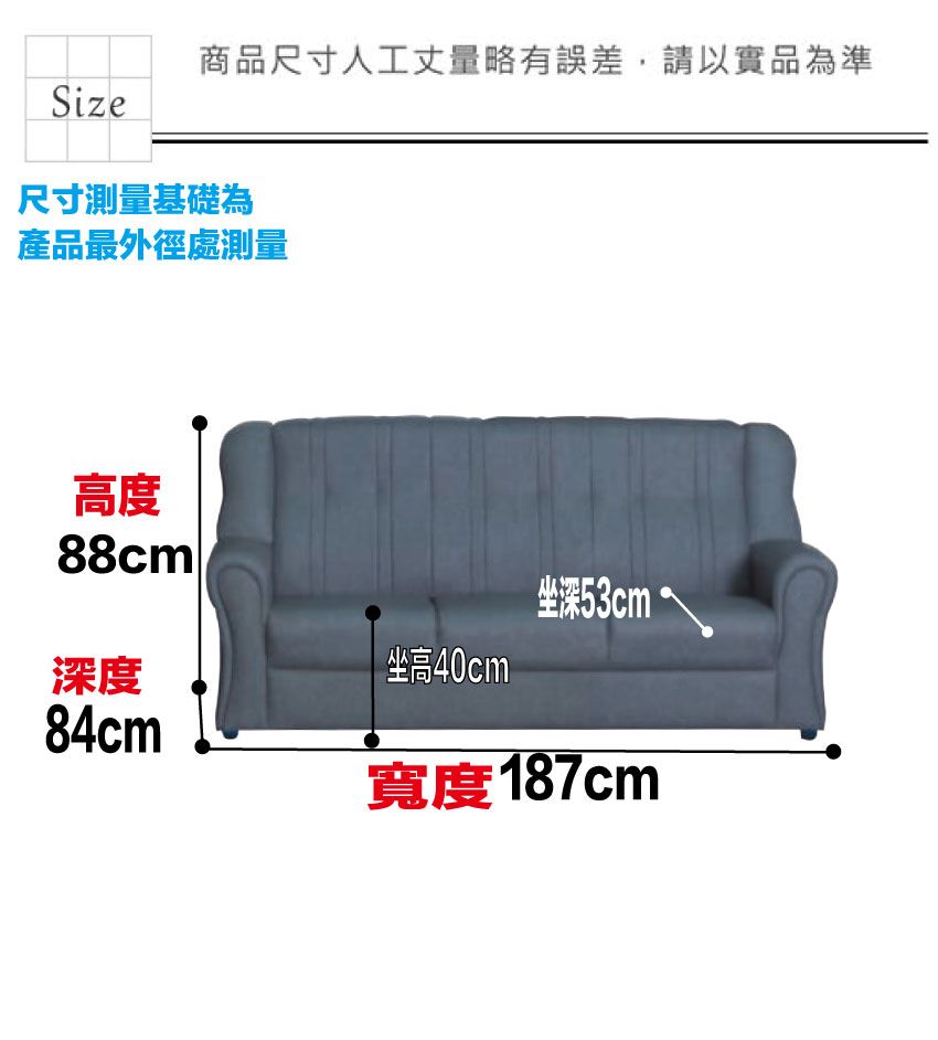 商品尺寸人工丈量略有誤差,請以實品為準Size尺寸測量基礎為產品最外徑處測量高度88cm深度84cm坐高40cm坐深53cm寬度187cm