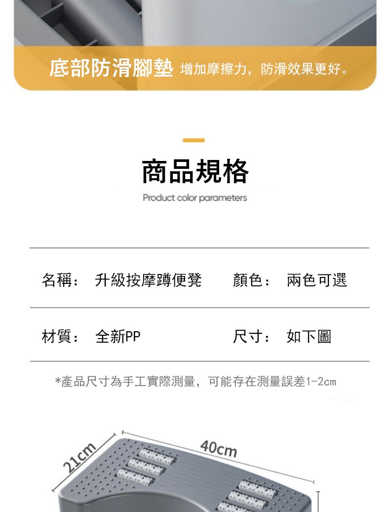 底部防滑腳墊增加摩擦力,防滑效果更好。商品規格Product color parameters名稱: 升級按摩蹲便凳顏色: 兩色可選尺寸: 如下圖材質: 全新PP*產品尺寸為手工實際測量,可能存在測量誤差1-2cm21cm40cm