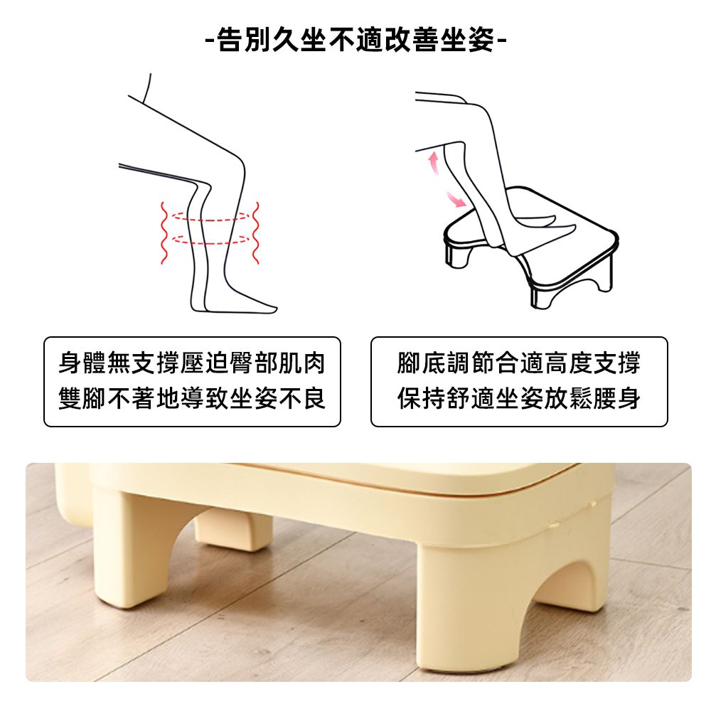 告別久坐不適改善坐姿-身體無支撐壓迫臀部肌肉雙腳不著地導致坐姿不良腳底調節合適高度支撐保持舒適坐姿放鬆腰身