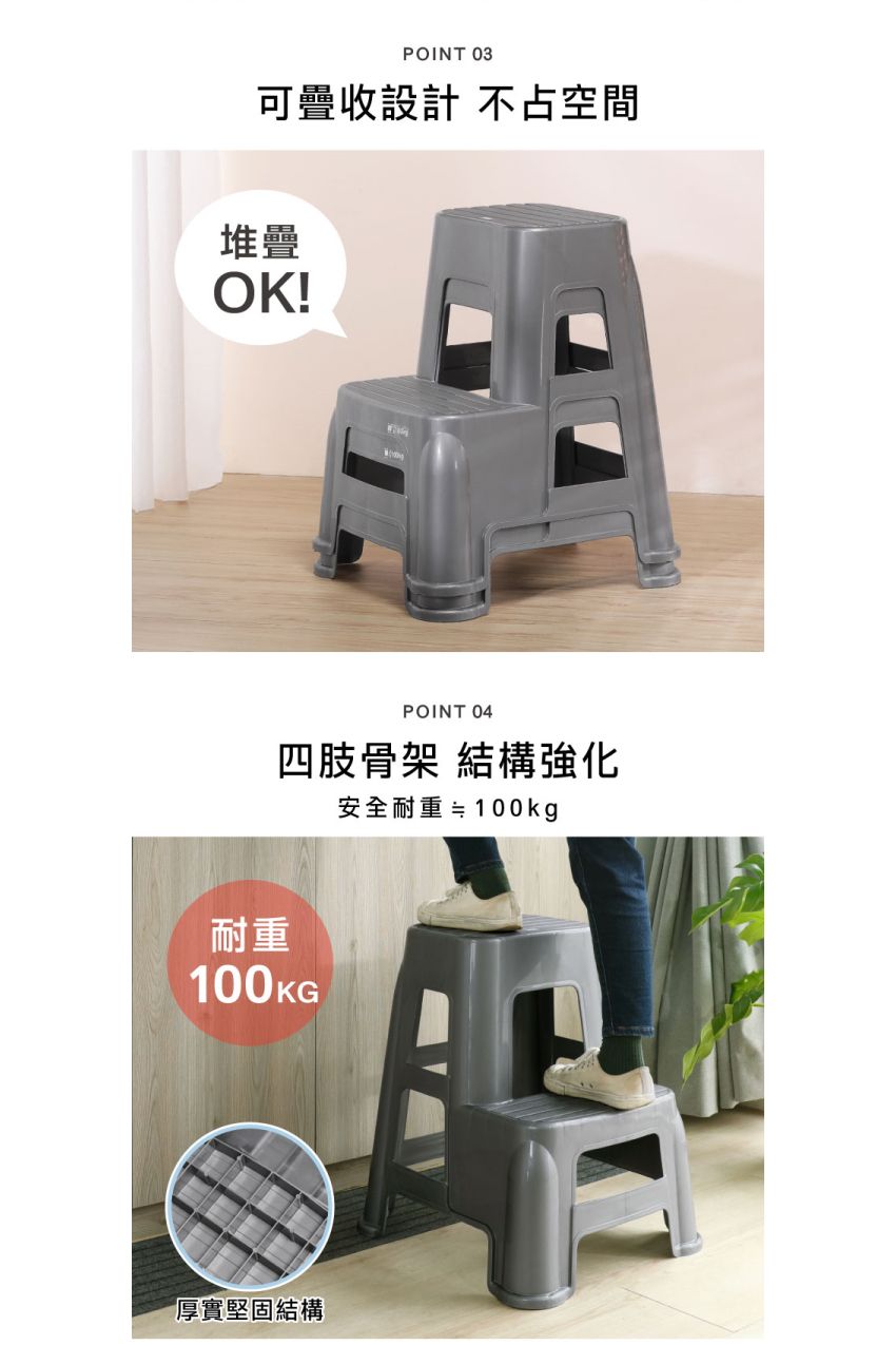 POINT 03可疊收設計 不占空間堆疊OK!POINT 04四肢骨架 結構強化安全耐  100kg耐重100KG厚實堅固結構