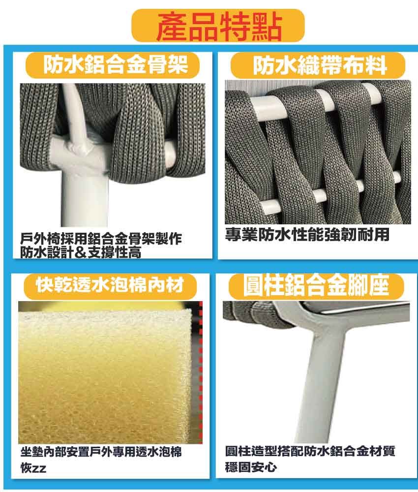 產品特點防水鋁合金骨架防水織帶布料戶外椅採用鋁合金骨架製作防水設計&支撐性高專業防水性能強韌耐用快乾透水泡棉材圓柱鋁合金腳座坐墊內部安置戶外專用透水泡棉zz圓柱造型搭配防水鋁合金材質穩固安心