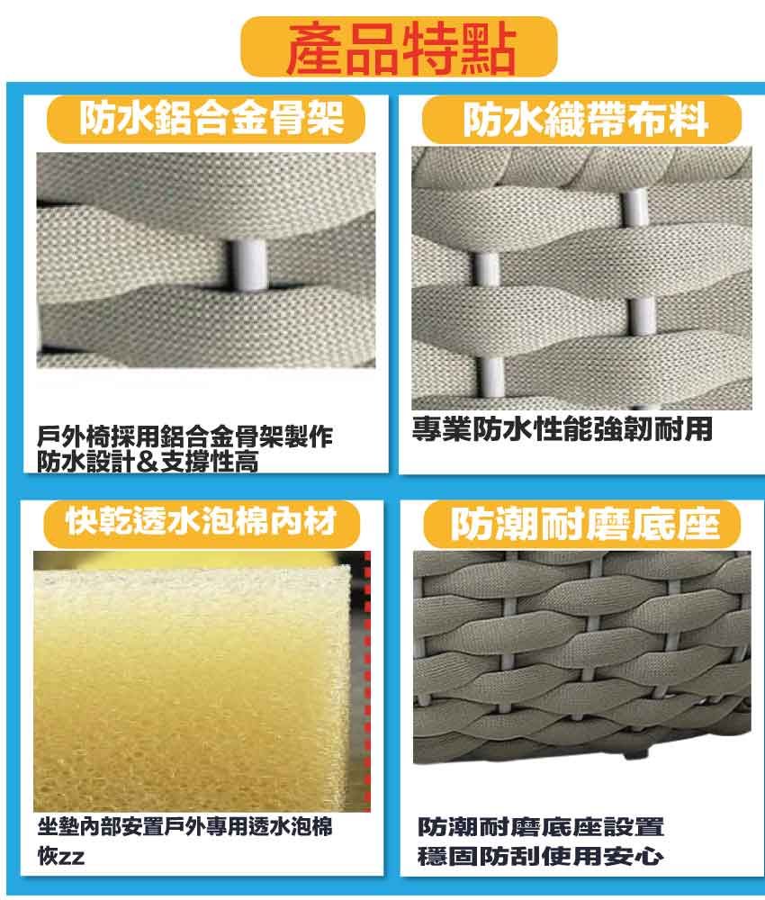 產品特點防水鋁合金骨架防水織帶布料戶外椅採用鋁合金骨架製作防水設計&支撐性高專業防水性能強韌耐用快乾透水泡棉材防潮耐磨底座坐墊內部安置戶外專用透水泡棉zz防潮耐磨底座設置穩固防刮使用安心