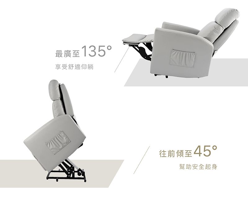 最廣至135享受舒適仰躺往前傾至45°幫助安全起身