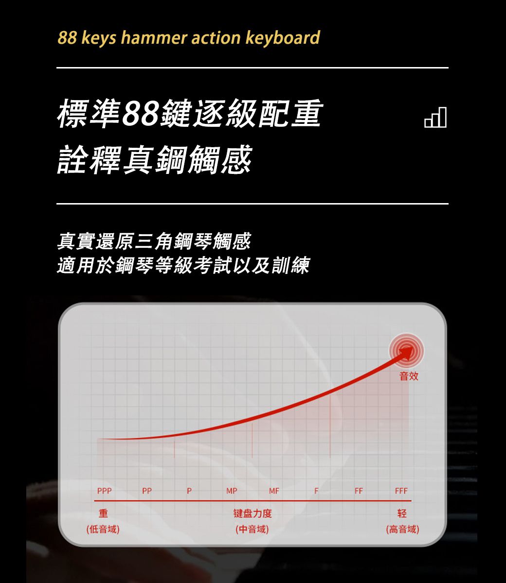 88 keys hammer action keyboard標準88鍵逐級配重詮釋真鋼觸感真實還原三角鋼琴觸感適用於鋼琴等級考試以及訓練音效PPPPPPMPMFFFFFFF重(低音域)键盘力度轻(中音域)(高音域)