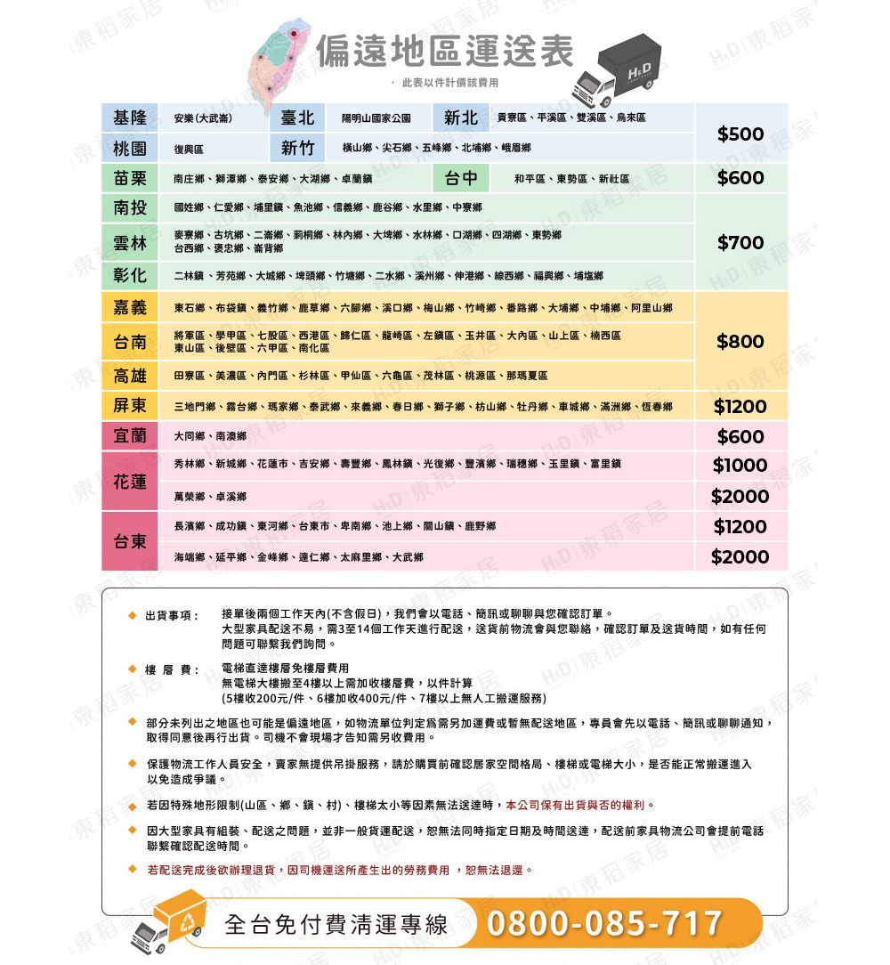 基隆偏遠地區表 表件計價該稻安樂(大武)臺北陽明山國公園桃園復興區新竹新北 貢寮區平溪區雙溪區烏來區苗栗橫山鄉、尖石鄉、五峰鄉、北埔鄉、峨眉鄉南庄鄉、獅潭鄉、泰安鄉、大湖鄉、卓蘭$500南投台中國姓鄉、仁愛鄉、埔里鎮、魚池鄉、信義鄉、鹿谷鄉、水里鄉、中寮鄉和平區、東勢區、新社區$600康雲林彰化麥寮鄉、古坑鄉、二崙鄉、莿桐鄉、林內鄉、大埤鄉、水林鄉、湖鄉、四湖鄉、東勢鄉台西鄉、褒忠鄉、崙背鄉嘉義二林鎮、芳苑鄉、大城鄉、埤頭鄉、竹塘鄉、二水鄉、溪州鄉、伸港鄉、線西鄉、福興鄉、埔鄉$700台南高雄屏東田寮區、美濃區、內門區、杉林區、甲仙區、六龜區、茂林區、桃源區、那瑪夏區將軍區、學甲區、七股區、西港區、歸仁區、龍崎區、左鎮區、玉井區、大內區、山上區、楠西區東山區、後壁區、六甲區、南化區東石鄉、布袋鎮、義竹鄉、鹿草鄉、六腳鄉、溪口鄉、梅山鄉、竹崎鄉、番路鄉、大埔鄉、中埔鄉、阿里山鄉H家$800宜蘭大同鄉、南澳鄉三地門鄉、霧台鄉、瑪家鄉、泰武鄉、來義鄉、春日鄉、獅子鄉、枋山鄉、牡丹鄉、車城鄉、滿洲鄉、恆春鄉$1200康花蓮萬榮鄉、卓溪鄉秀林鄉、新城鄉、花蓮市、吉安鄉、壽豐鄉、鳳林鎮、光復鄉、豐濱鄉、瑞穗鄉、玉里鎮、富里鎮D$600$1000台東長濱鄉、成功鎮、東河鄉、台東市、卑南鄉、池上鄉、關山鎮、鹿野鄉海端鄉、延平鄉、金峰鄉、達仁鄉、太麻里鄉、大武鄉 東稻家居$2000$1200$2000 出貨事項:健康家接單後兩個工作天內(不含假日),我們會以電話、簡訊或聊聊與您確認訂單。大型家具配送不易,需3至14個工作天進行配送,送貨前物流會與您聯絡,確認訂單及送貨時間,如有任何問題可聯繫我們詢問。電梯直達層費用無電梯大樓搬至4樓以上需加收樓層費,以件計算(5樓收200元/件、6樓加收400元/件、7樓以上無人工搬運服務)部分未列出之地區也可能是偏遠地區,如物流單位判定爲需另加運費或暫無配送地區,專員會先以電話、簡訊或聊聊通知,取得同意後再行出貨。司機不會現場告知需另收費用。 保護物流工作人員安全,賣家無提供吊掛服務,請於購買前確認居家空間格局、樓梯或電梯大小,是否能正常搬運進入以免造成爭議。因特殊地形限制(山區、鄉、鎮、村)、樓梯太小等因素無法送達時,本公司保有出貨與否的權利。 因大型家具有組裝、配送之問題,並非一般貨運配送,恕無法同時指定日期及時間送達,配送前家具物流公司會提前電話聯繫確認配送時間。 若配送完成後欲辦理退貨,因司機運送所產生出的勞務費用,恕無法退還。全台免付費清運專線0800-085-717水稻家