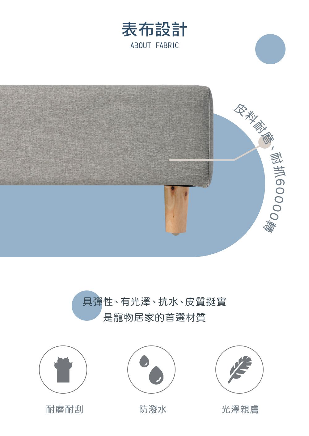 表布設計ABOUT FABRIC皮料耐磨耐抓60000具彈性、有光澤、抗水、皮質挺實是寵物居家的首選材質耐磨耐刮防潑水光澤親膚
