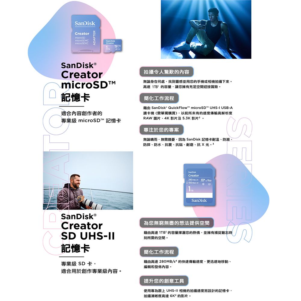 ADAPTERCreatorCreator拍攝令人驚歎的內容microSD無論身在何處找到靈感並用您的手機或相機拍攝下來。高達 的容量,讓您擁有充足空間迎接冒險。記憶卡適合內容創作者的專業級 microSD™ 記憶卡簡化工作流程藉由 SanDisk QuickFlow microSD™ UHSI USB-A讀卡機(需單獨購買),以前所未有的速度傳輸高解析度RAW 圖片、4K 影片及5.3K 影片。專注於您的專案無論晴雨,無需擔憂,因為 SanDisk 記憶卡耐溫、防潮、防摔、防水、抗震、抗磁、耐磨、抗光SanDiskCreator SanDisk為您無窮無盡的想法提供空間SD UHS-藉由高達 1TB的容量您的熱情,並擁有捕捉難忘時刻所需的空間。Creator記憶卡專業級 SD卡,適合用於創作專業級內容。簡化工作流程藉由高達 280MB/s 的快速傳輸速度,更迅速地移動、編輯和發佈內容。提升您的創意工具使用專為跟上 UHS-II 相機的拍攝速度而設計的記憶卡,拍攝清晰度高達6K²的影片。