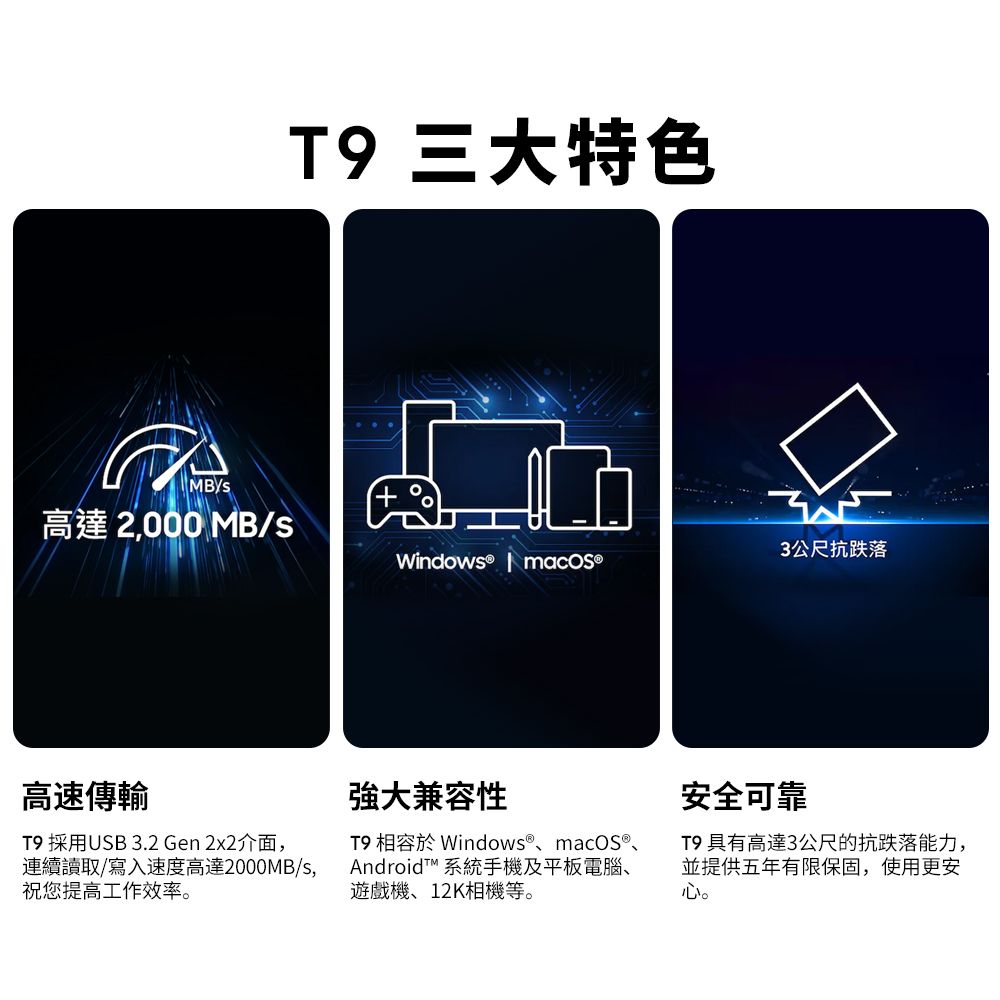 Samsung 三星 T9 1TB USB 3.2 Gen 2x2 移動固態硬碟 星空黑 (MU-PG1T0B/WW)