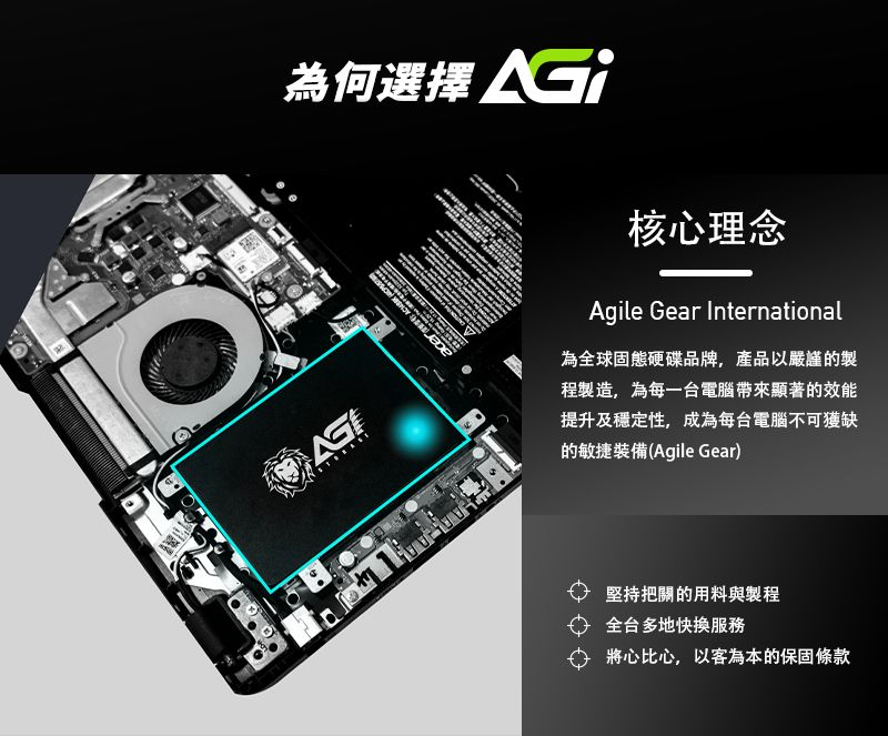 為何選擇核心理念Agile Gear International為全球固態硬碟品牌,產品以嚴謹的製程製造,為每一台電腦帶來顯著的效能提升及穩定性,成為每台電腦不可獲缺的敏捷裝備(Agile Gear)堅持把關的用料與製程全台多地快服務將心比心,以客為本的保固條款