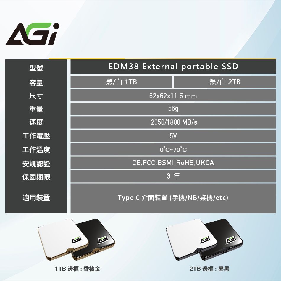 型號EDM38 External portable SSD容量黑/白 1TB黑/白 2TB尺寸62x62x11.5 mm重量速度工作電壓工作溫度安規認證保固期限56g250/1800MB/s5V0C~70°CCE.FCCBSMI.RoHS,UKCA3年適用裝置Type C 介面裝置(手機/NB/桌機/etc)1TB 邊框:香檳金2TB 邊框:墨黑