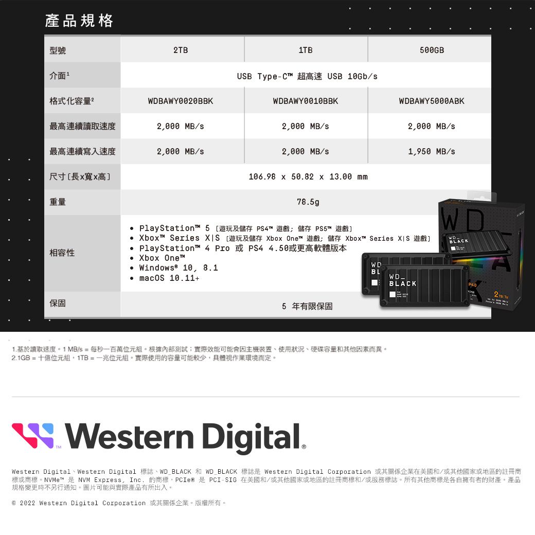 產品規格型號TB介面格式化容量2WBAWY0020BBK最高連續讀取速度2000 MB/最高連續寫入速度2000 MB/尺寸長寬高]重量TBUSB Tye-C 超高速 USB 10Gb/WDBAWY0010BBK2,000 MB/2,000 MB/10698 x 50.82 x 13.00 mm500GBWDBAWY5000ABK2,000 MB/s1,950 MB/s78.5g pPlayStation 5 [遊玩及儲存 PS4 遊戲 儲存 PS5™ 遊戲]Xbox™ Series  [遊玩及儲存 Xbox One™ 遊戲 儲存 Xbox™ Series  遊戲]WDDBLACK PlayStation™ 4  或PS4 4.50或更高軟體版本相容性. Xbox One™WDWindows 10,8.1BLmacOS 10.11+WD_BLACKP40 保固5 年有限保固1.基於讀取速度。 1 MB/s = 每秒一百萬。根據內部測試;實際效能可能會使用狀況、硬碟容量和其他因素而異。2.1GB=組,1TB=兆位元組。實際使用的容量可能較少,具體視作業環境而定。 Western Digital.Western Digital、Western Digital 標誌、WD_BLACK 和 WD_BLACK 標誌是 Western Digital Corporation 或其關係企業在美國和/或其他國家或地區的註冊商標或商標。NVMe™ 是 NVM Express, Inc. 的商標,PCIe 是 PCI-SIG 在美國和/或其他國家或地區的註冊商標和/或服務標誌。所有其他商標是各自擁有者的財產。產品規格變更時不另行通知。圖片可能與實際產品有所出入。 2022 Western Digital Corporation 或其關係企業。版權所有。