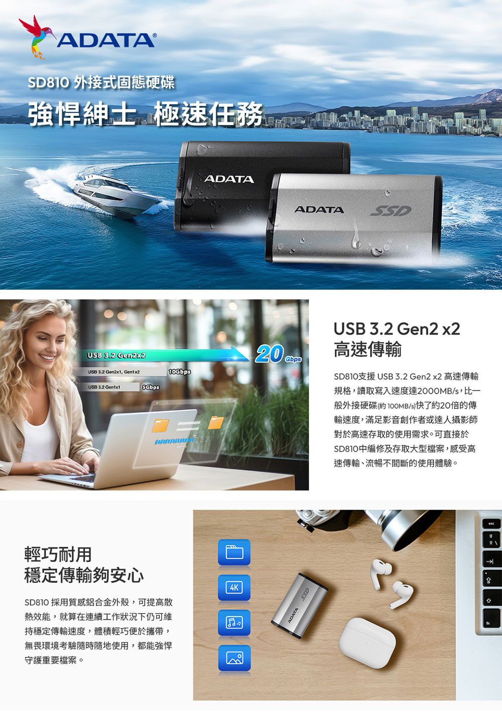 ADATA® 外接式固態硬碟強悍紳士 極速USB  Gen2x2USB 3.2 Gen2x1, Gen1x2USB 3.2 SGbps10GbpsADATA輕巧耐用穩定傳輸夠安心 採用質感鋁金外殼,可提高散熱效能,就算在連續工作狀況下仍可維持穩定傳輸速度,體積輕巧便於攜帶,無畏環境考驗隨時隨地使用,都能強悍守護重要檔案。 4KADATASSD20GbpsADATAassUSB 3.2 Gen2 x2高速傳輸SD810支援USB 3.2 Gen2x2 高速傳輸規格,讀取寫入速度達2000MB/s,比一般外接硬碟(約/s)快了約20倍的傳輸速度,滿足影音創作者或達人攝影師對於高速存取的使用需求。可直接於SD810中編修及存取大型檔案,感受高速傳輸、流暢不間斷的使用體驗。合