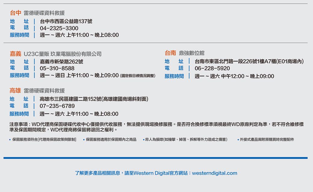 台中 雷德硬碟資料 址 台中市西區公益路137號 04-2325-3300服務時間 ~週六上午11:00~晚上08:00嘉義 U23C量販玖業電腦股份有限公司台南 鼎數位館 址 嘉義市新榮路262號電 話 05-310-8588址 台南市東區北門路一段226號1樓A7櫃(E01商場內電 電話 06-228-5920服務時間 週一~週日上午11:00~晚上09:00(國定假日視情況調整)服務時間週一~週六中午12:00~晚上09:00高雄 雷德硬碟資料救援地 址 高雄市三民區建國二路152號(高雄建國商場斜對面)電話07-235-6789服務時間 週一~週六上午11:00~晚上08:00注意事項:WD代理商保固硬碟代收中心僅提供代收服務,無法提供現場換修服務。是否符合換修標準須視最終WD原廠判定為準,若不符合維修標準及保固期間規定,WD代理商將保留將退回之權利。保固服務須符合[代理商保固政策與限制 保固服務適用於保固期內之商品 非人為損壞(如、掉落、拆解等外力造成之) 外接式產品需附原購買時完整配件了解更多產品相關訊息,請至Western Digital官方網站: westerndigital.com