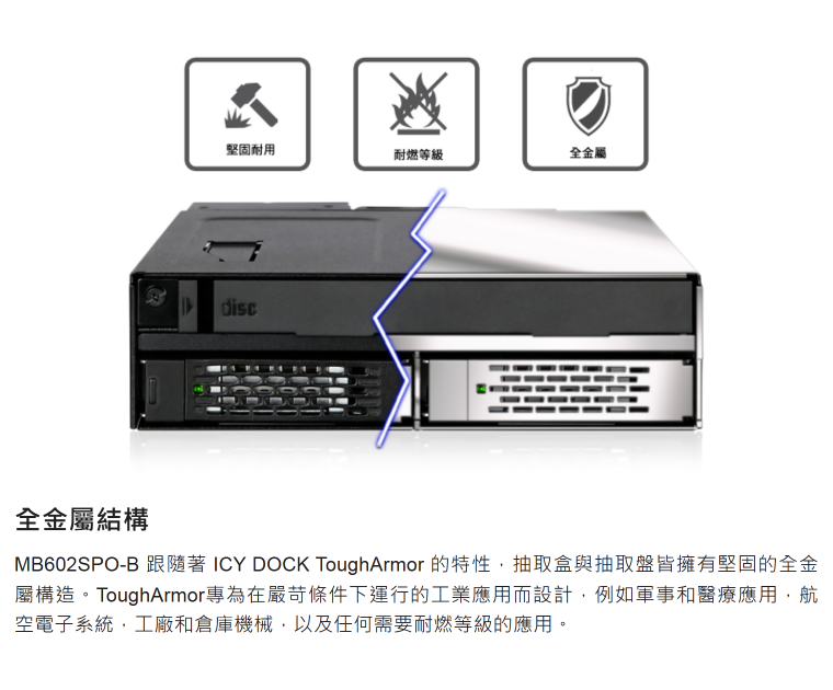堅固耐用耐燃等級全金屬disc全金屬結構MB602SPO-B 跟隨著 ICY DOCK ToughArmor 的特性,抽取盒與抽取盤皆擁有堅固的全金屬構造。ToughArmor專為在嚴苛條件下運行的工業應用而設計,例如軍事和醫療應用,航空電子系統,工廠和倉庫機械,以及任何需要耐燃等級的應用。