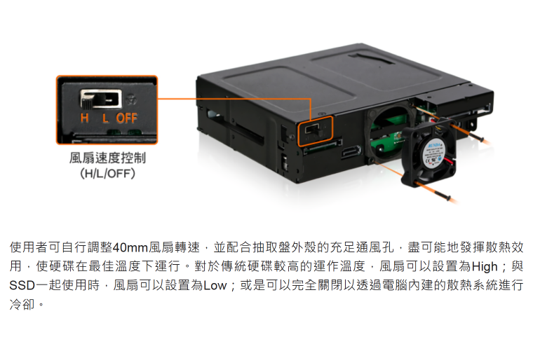 HL OFF風扇速度控制(H/L/OFF)使用者可自行調整40mm風扇轉速,並配合抽取盤外殼的充足通風孔,盡可能地發揮散熱用,使硬碟在最佳溫度下運行。對於傳統硬碟較高的運作溫度,風扇可以設置為High;與SSD一起使用時,風扇可以設置為Low;或是可以完全關閉以透過電腦內建的散熱系統進行冷卻。