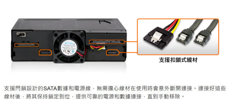 RUNDA支援扣鎖式線材支援鎖設計的SATA數據和電源線,無需擔心線材在使用時會意外斷開連接。連接好這些線材後,將其保持鎖定到位,提供可靠的電源和數據連接,直到手動移除。