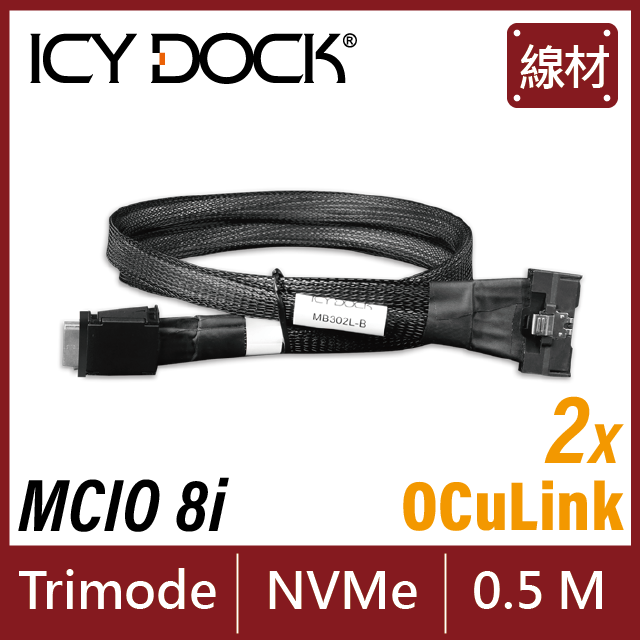 ICY DOCK MCIO 8i SFF-TA-1016 轉 2個 Oculink 4i SFF-8611 線材 長度 0.5 公尺 (MB302L-B)