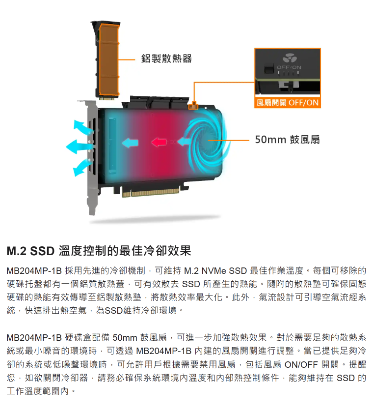 鋁製散熱器OFF/ON風扇開關 OFF/ON50mm 鼓風扇M.2 SSD 溫度控制的最佳冷卻效果MB204MP-1B 採用先進的冷卻機制可維持 M.2 NVMe SSD 最佳作業溫度。每個可移除的硬碟托盤都有一個鋁質散熱蓋可有效散去SSD 所產生的熱能。隨附的散熱墊可確保固態硬碟的熱能有效傳導至鋁製散熱墊,將散熱效率最大化。此外,氣流設計可引導空氣流經系統,快速排出熱空氣,為SSD維持冷卻環境。MB204MP-1B 硬碟盒配備 50mm 鼓風扇,可進一步加強散熱效果。對於需要足夠的散熱系統或最小噪音的環境時,可透過MB204MP-1B 建的風扇開關進行調整。當已提供足夠冷卻的系統或低噪聲環境時,可允許用戶根據需要禁用風扇,包括風扇 ON/OFF 開關。提醒您,如欲關閉冷卻器,請務必確保系統環境內溫度和內部熱控制條件,能夠維持在 SSD 的工作溫度範圍內。