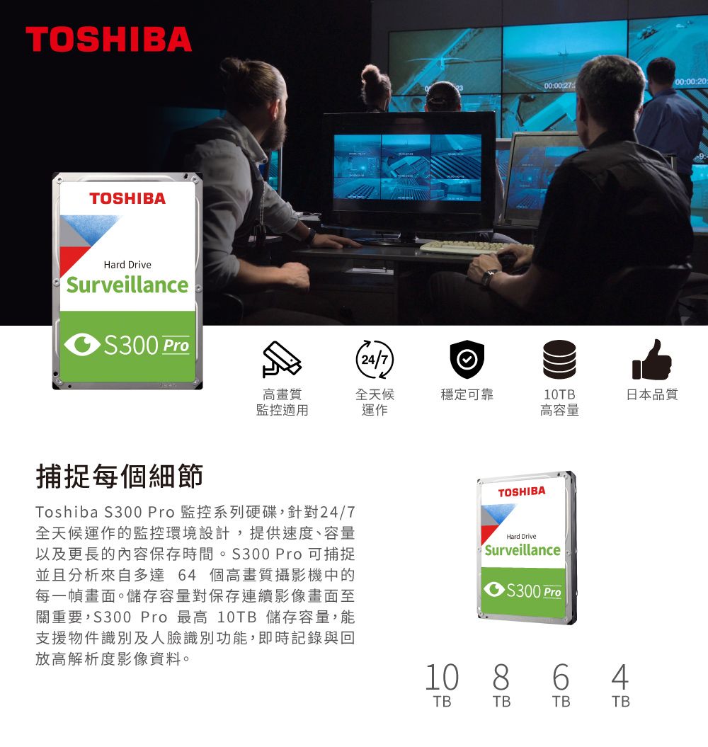 TOSHIBATOSHIBAHard DriveSurveillanceS300 Pro24/700:00:2700:00:20高畫質監控適用全天候運作穩定可靠10TB日本品質高容量捕捉每個細節Toshiba S300 Pro 監控系列硬碟,針對24/7全天候運作的監控環境設計,提供速度、容量以及更長的內容保存時間。S300 Pro可捕捉並且分析來自多達64 個高畫質攝影機中的每一幀畫面。儲存容量對保存連續影像畫面關重要,S300 Pro 最高 10TB 儲存容量,能支援物件識別及人臉識別功能,即時記錄與回放高解析度影像資料。TOSHIBAHard DriveSurveillanceS300 Pro108 64TBTBTBTB